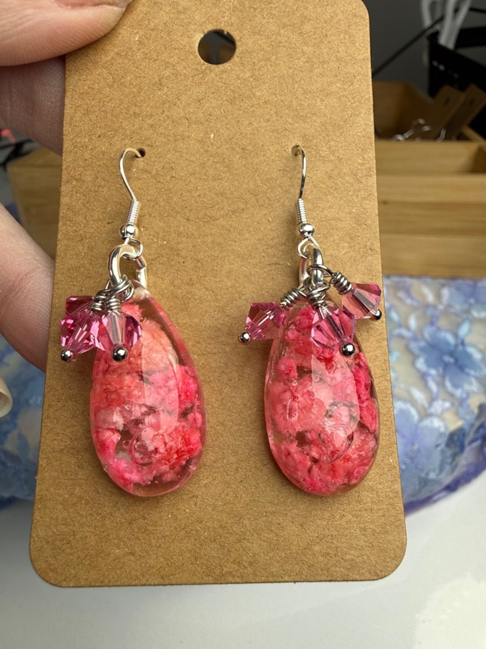Handmade Pink Floral Resin Teardrop Earrings